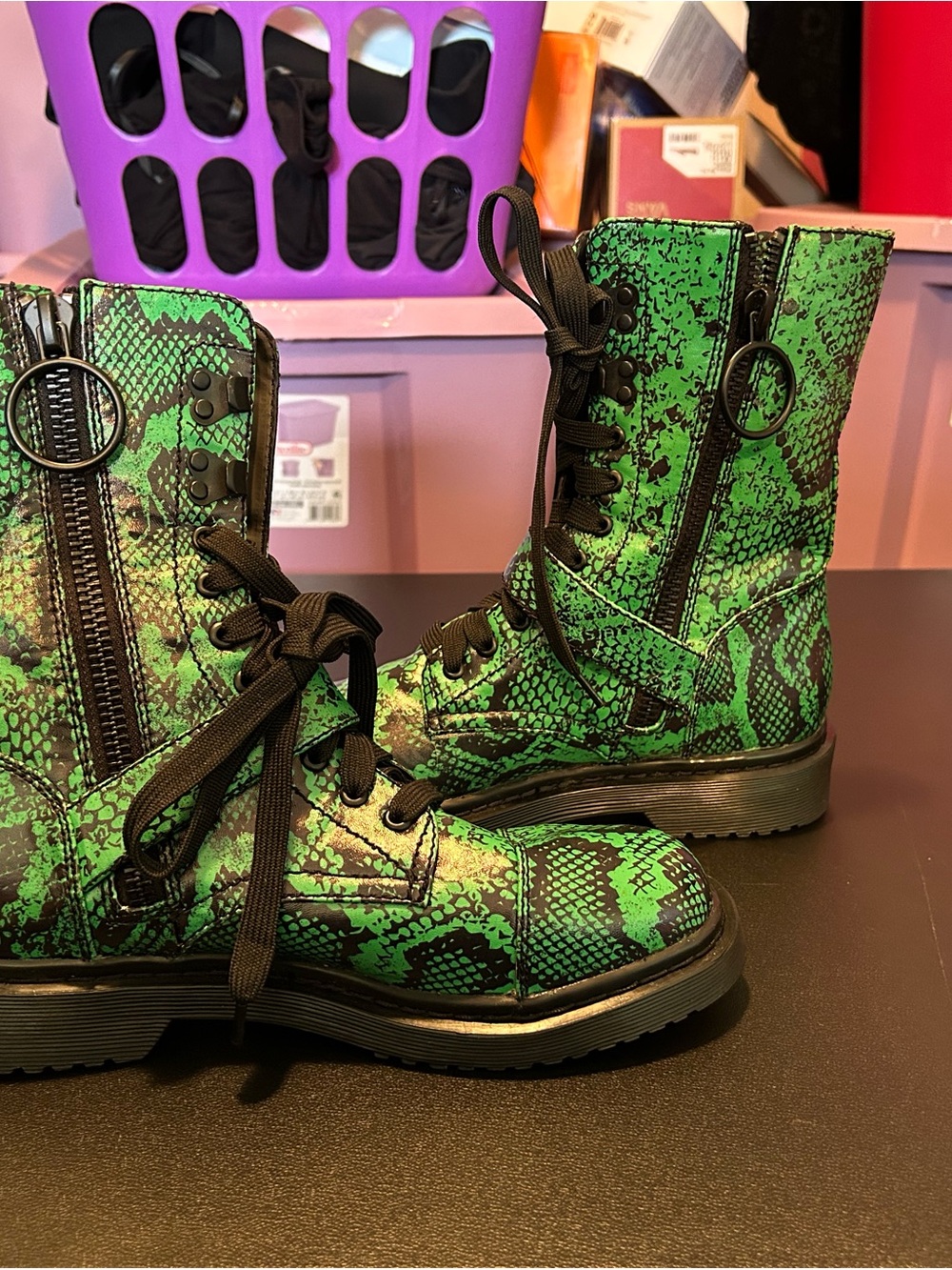 Dolls Kill current mood  Green Snake-Print Combat Boots 8